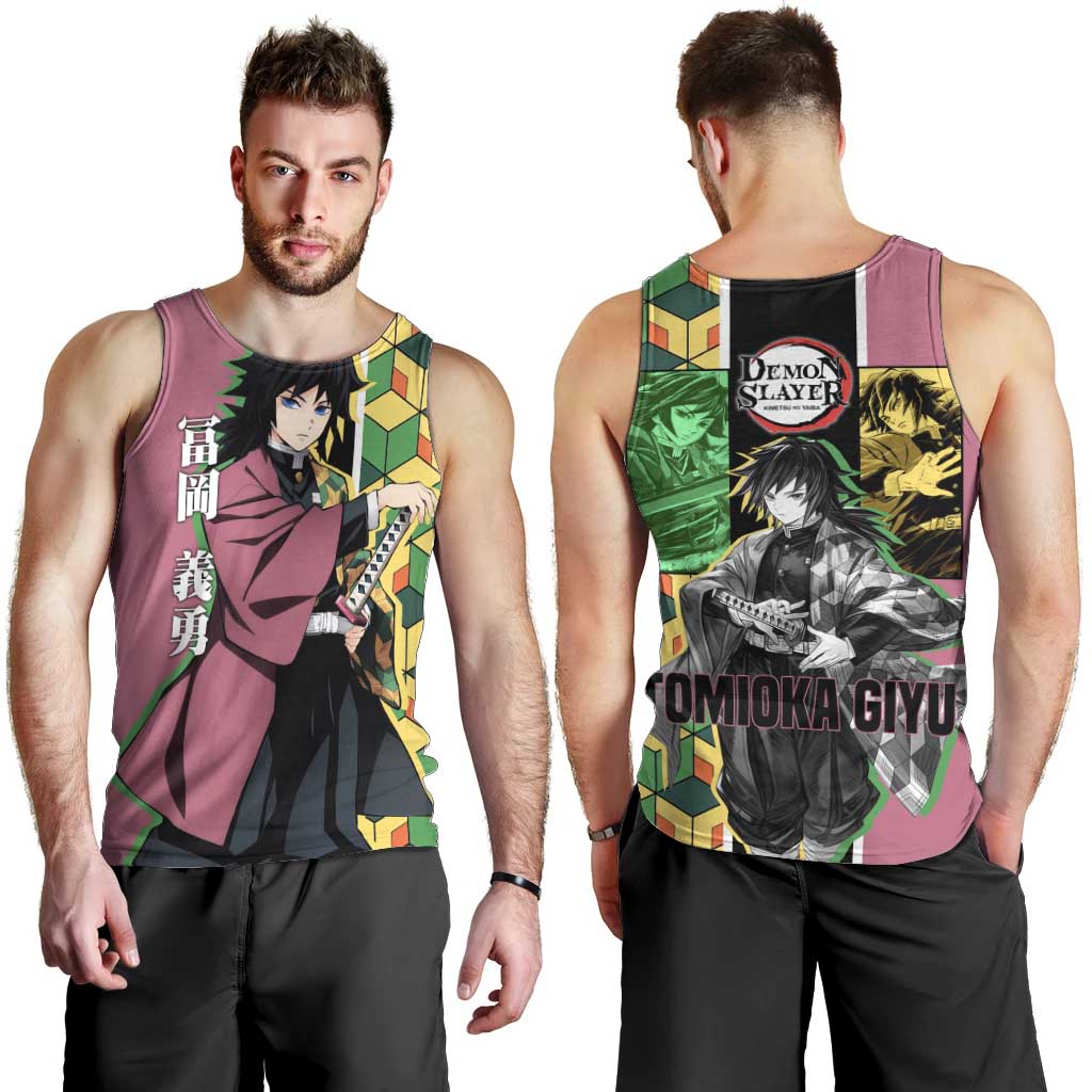Giyu Tomioka from Demon Slayer Men Tank Top with Geometric Pattern Sleeve and Pink and Black Manga Panel Design - The Mazicc