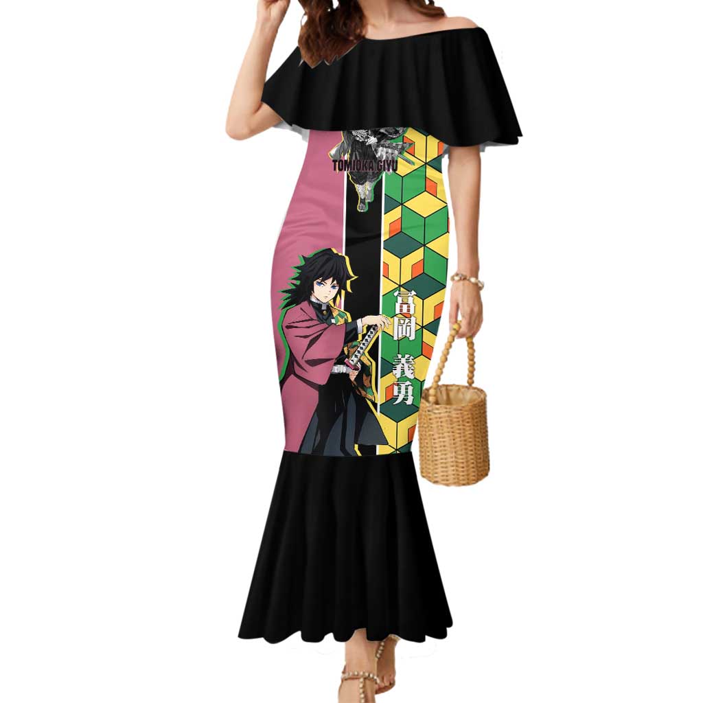 Giyu Tomioka from Demon Slayer Mermaid Dress with Geometric Pattern Sleeve and Pink and Black Manga Panel Design - The Mazicc