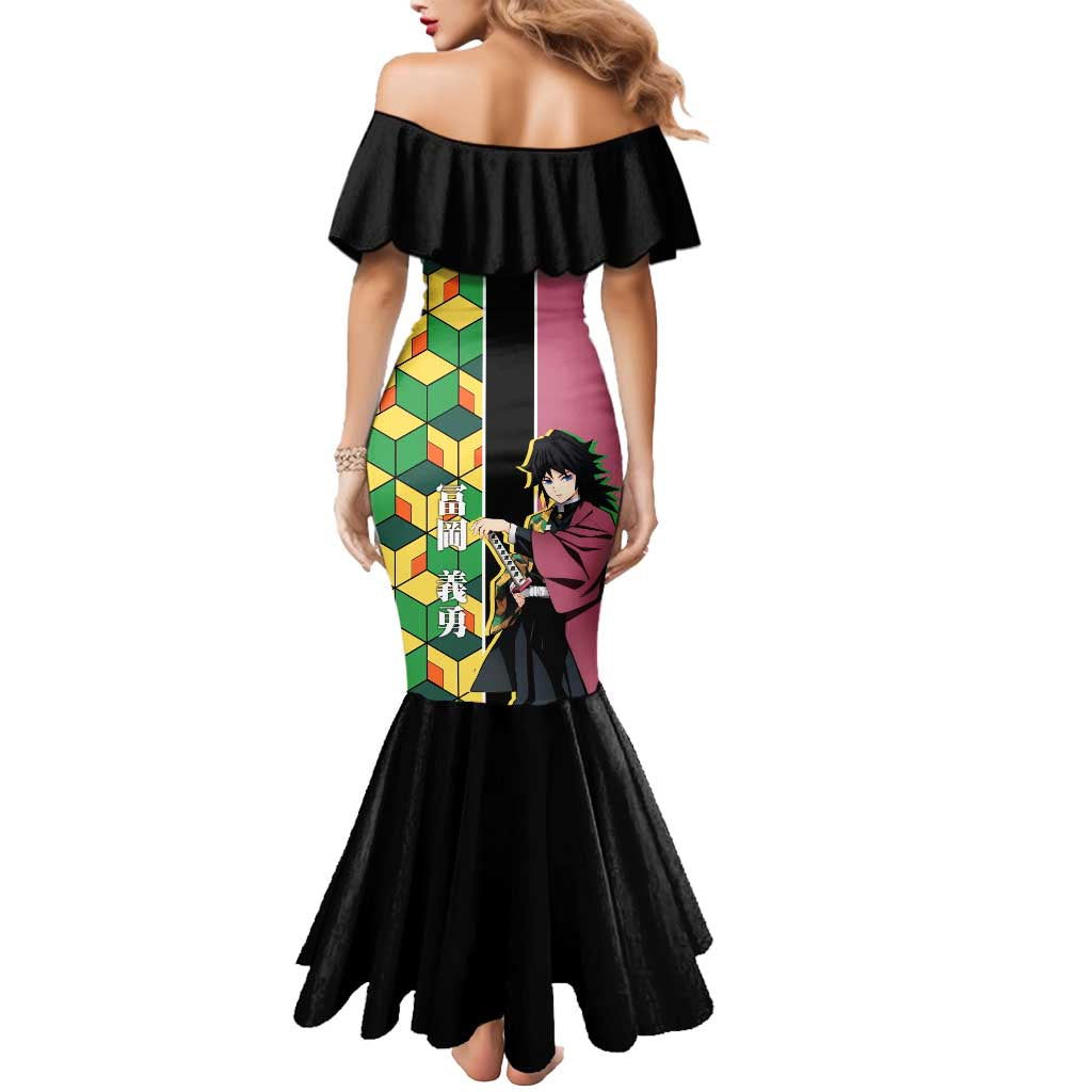Giyu Tomioka from Demon Slayer Mermaid Dress with Geometric Pattern Sleeve and Pink and Black Manga Panel Design - The Mazicc