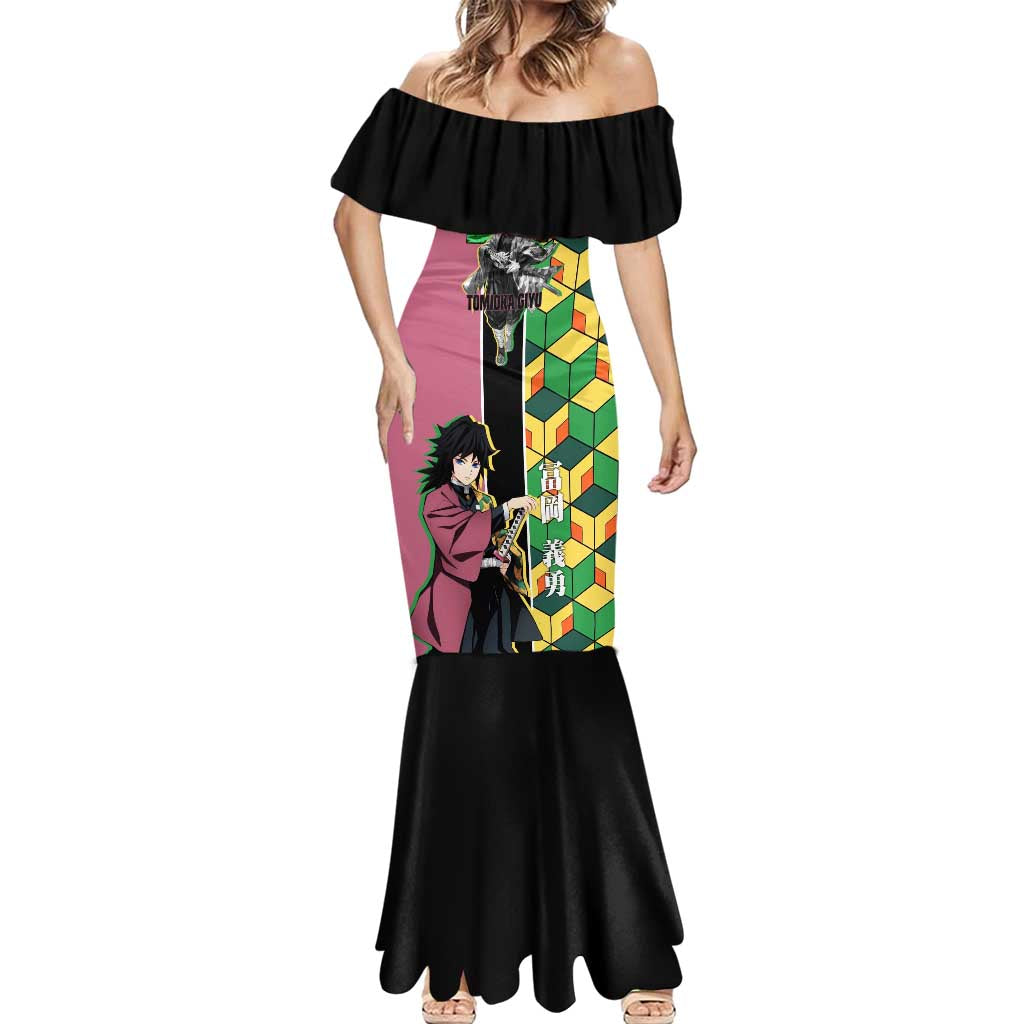 Giyu Tomioka from Demon Slayer Mermaid Dress with Geometric Pattern Sleeve and Pink and Black Manga Panel Design - The Mazicc