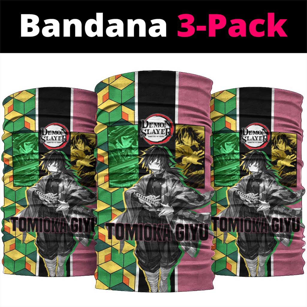 Giyu Tomioka from Demon Slayer Neck Gaiter with Geometric Pattern Sleeve and Pink and Black Manga Panel Design - The Mazicc