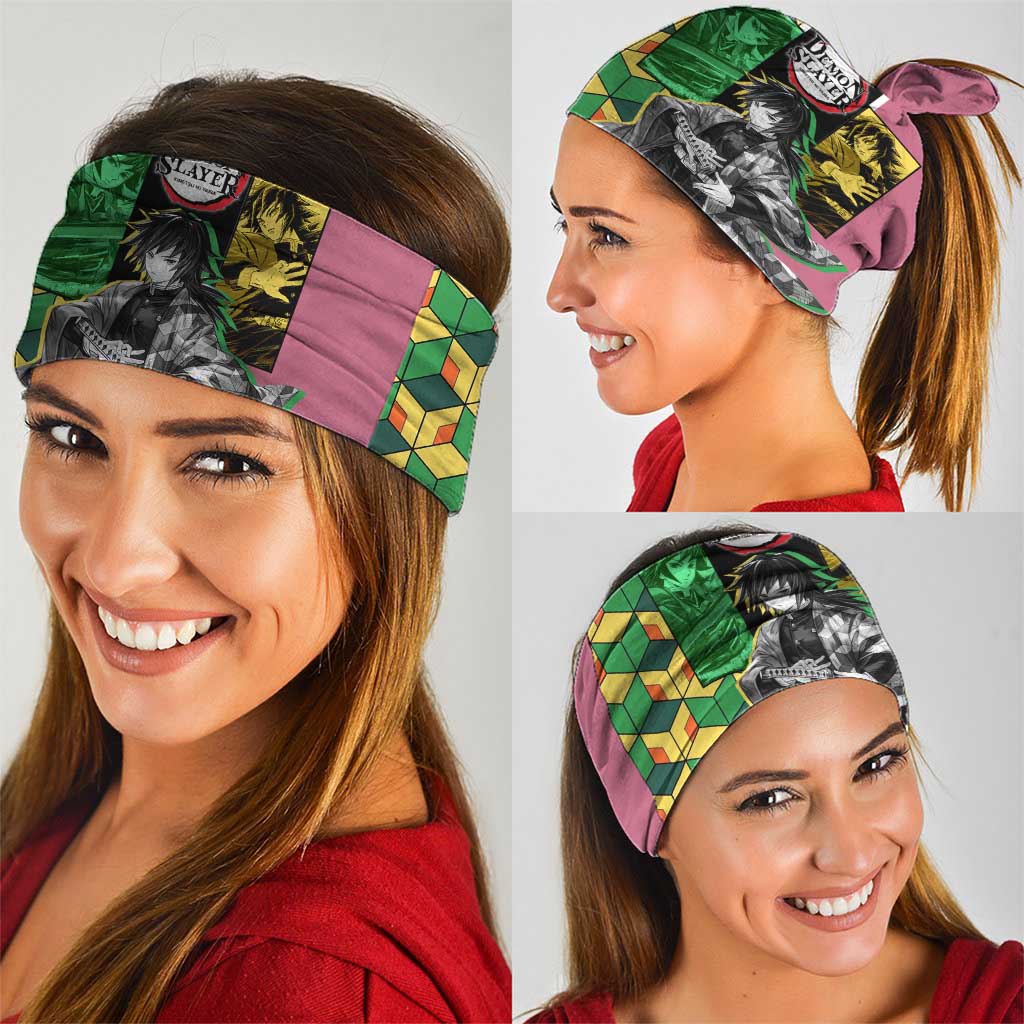 Giyu Tomioka from Demon Slayer Neck Gaiter with Geometric Pattern Sleeve and Pink and Black Manga Panel Design - The Mazicc