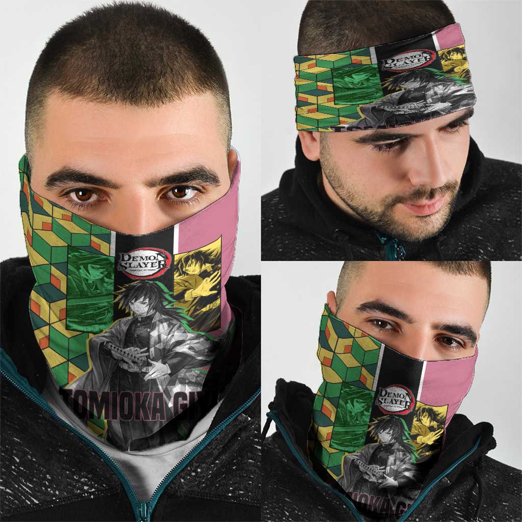 Giyu Tomioka from Demon Slayer Neck Gaiter with Geometric Pattern Sleeve and Pink and Black Manga Panel Design - The Mazicc