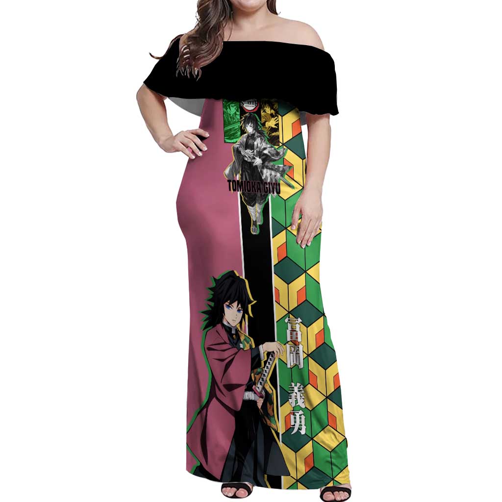 Giyu Tomioka from Demon Slayer Off Shoulder Maxi Dress with Geometric Pattern Sleeve and Pink and Black Manga Panel Design - The Mazicc