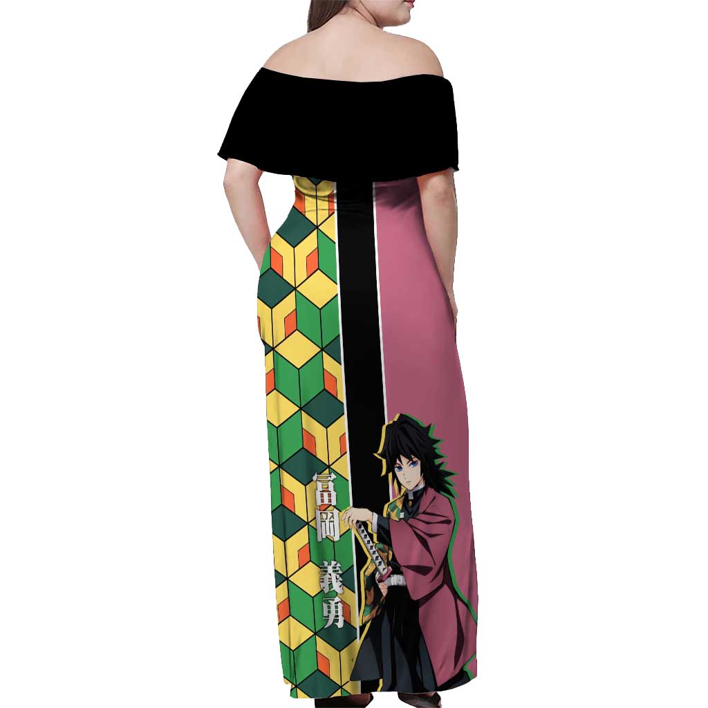 Giyu Tomioka from Demon Slayer Off Shoulder Maxi Dress with Geometric Pattern Sleeve and Pink and Black Manga Panel Design - The Mazicc