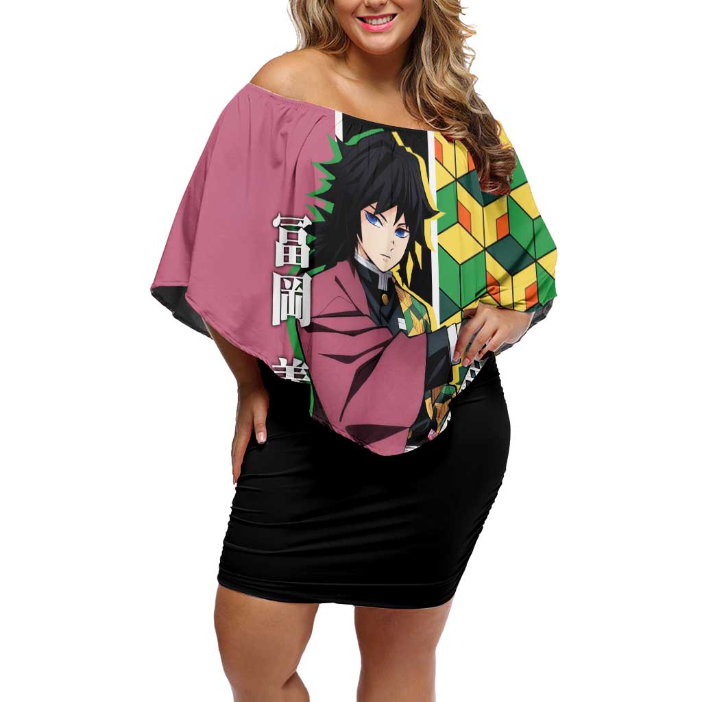Giyu Tomioka from Demon Slayer Off Shoulder Short Dress with Geometric Pattern Sleeve and Pink and Black Manga Panel Design - The Mazicc