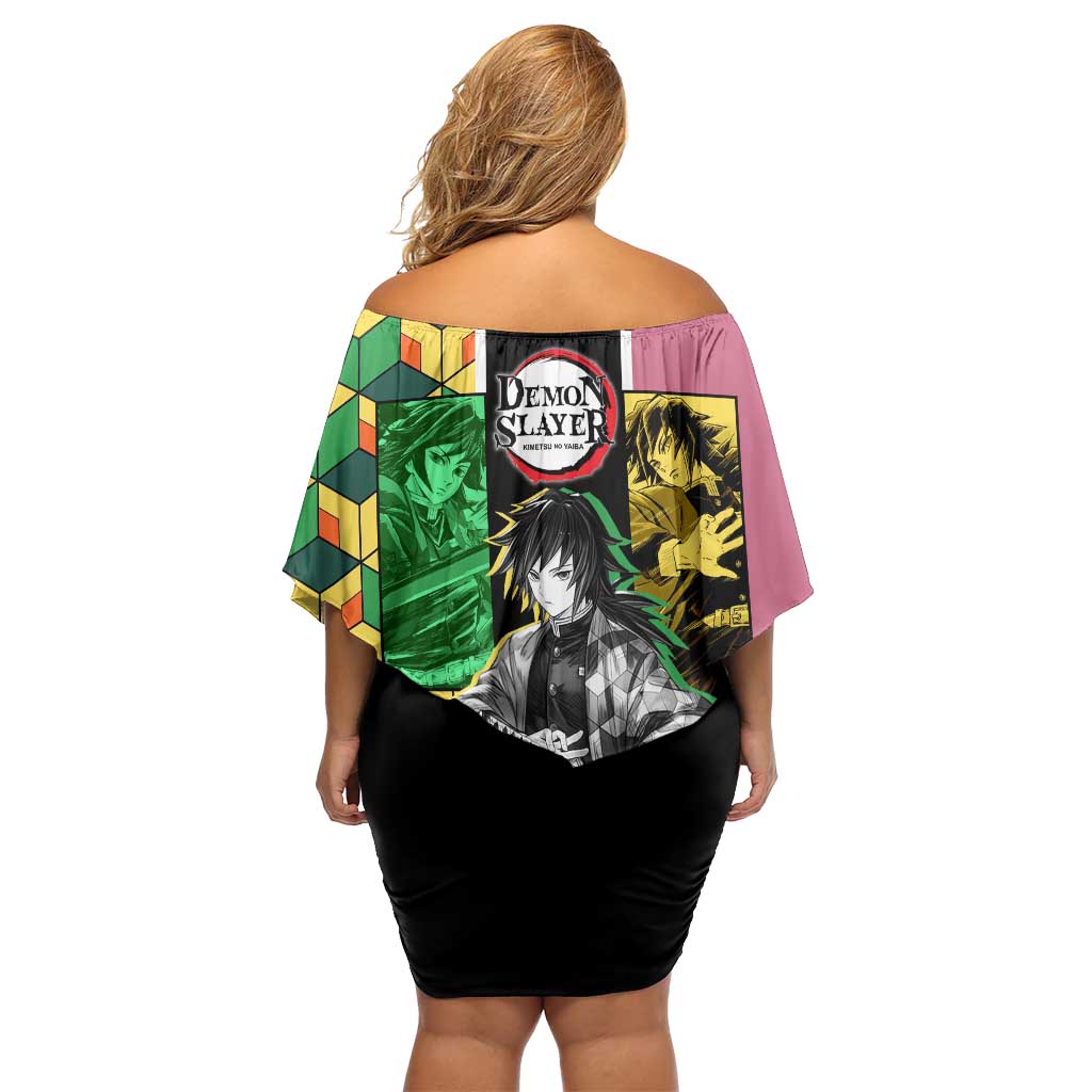 Giyu Tomioka from Demon Slayer Off Shoulder Short Dress with Geometric Pattern Sleeve and Pink and Black Manga Panel Design - The Mazicc