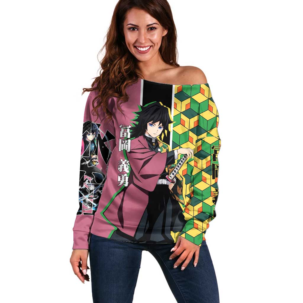 Giyu Tomioka from Demon Slayer Off Shoulder Sweater with Geometric Pattern Sleeve and Pink and Black Manga Panel Design - The Mazicc