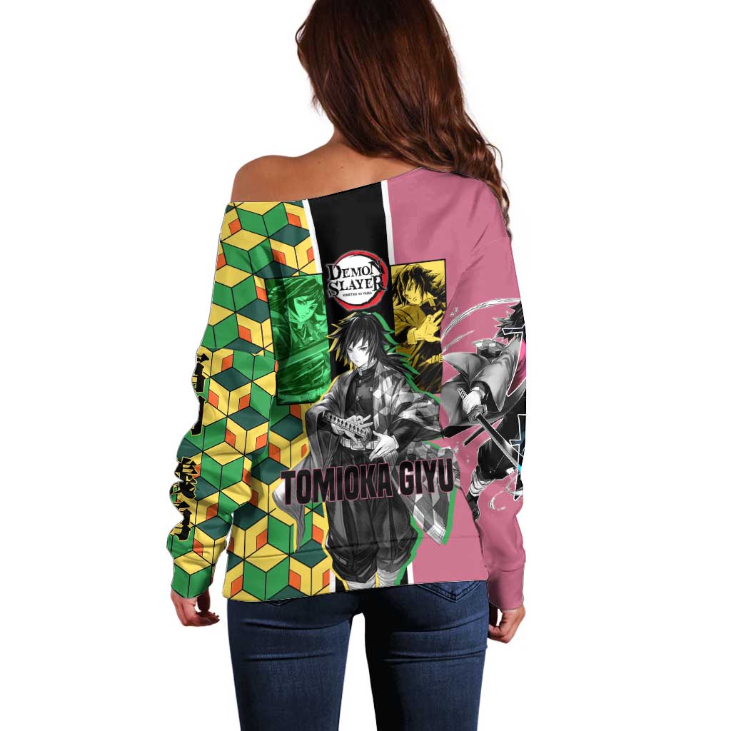 Giyu Tomioka from Demon Slayer Off Shoulder Sweater with Geometric Pattern Sleeve and Pink and Black Manga Panel Design - The Mazicc