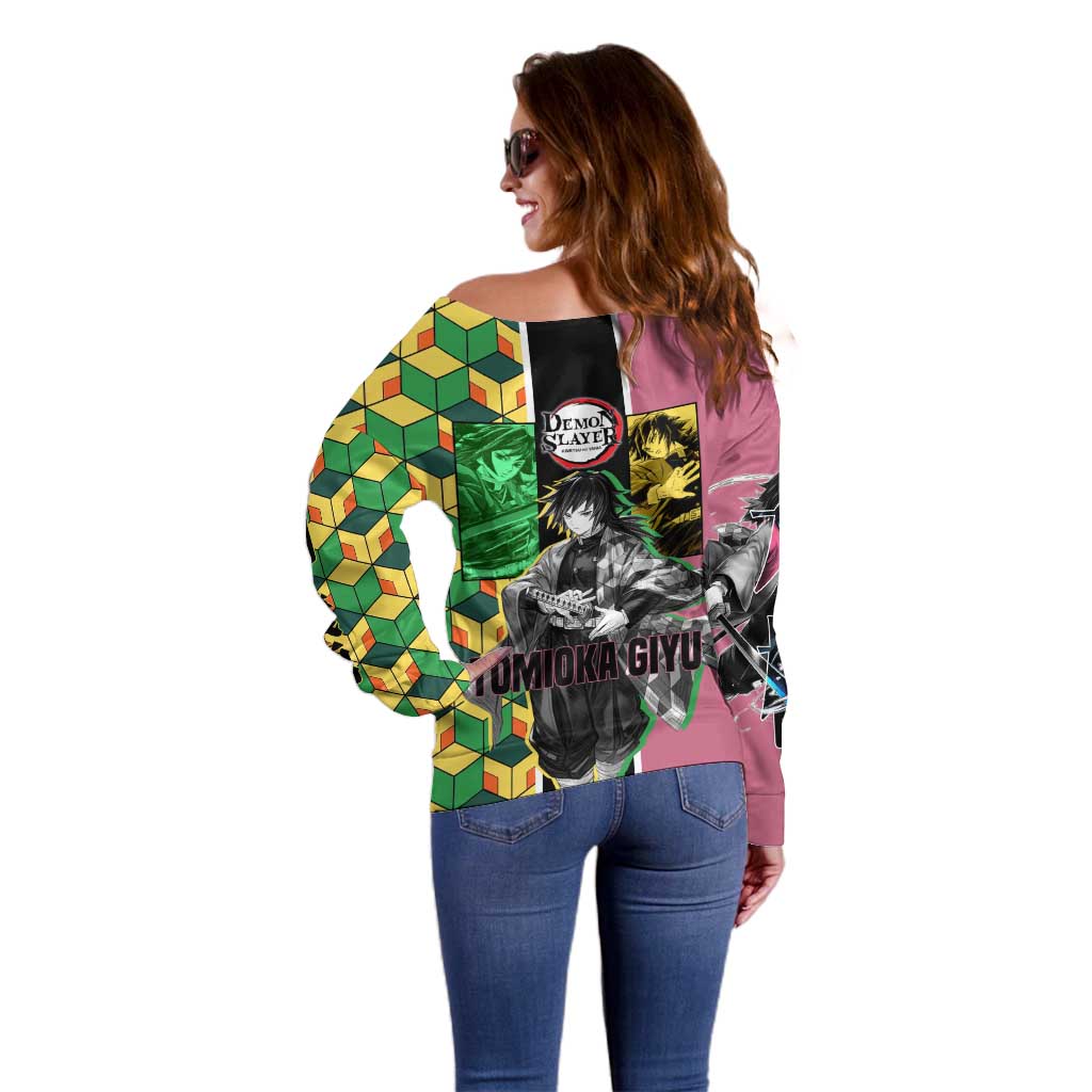 Giyu Tomioka from Demon Slayer Off Shoulder Sweater with Geometric Pattern Sleeve and Pink and Black Manga Panel Design - The Mazicc
