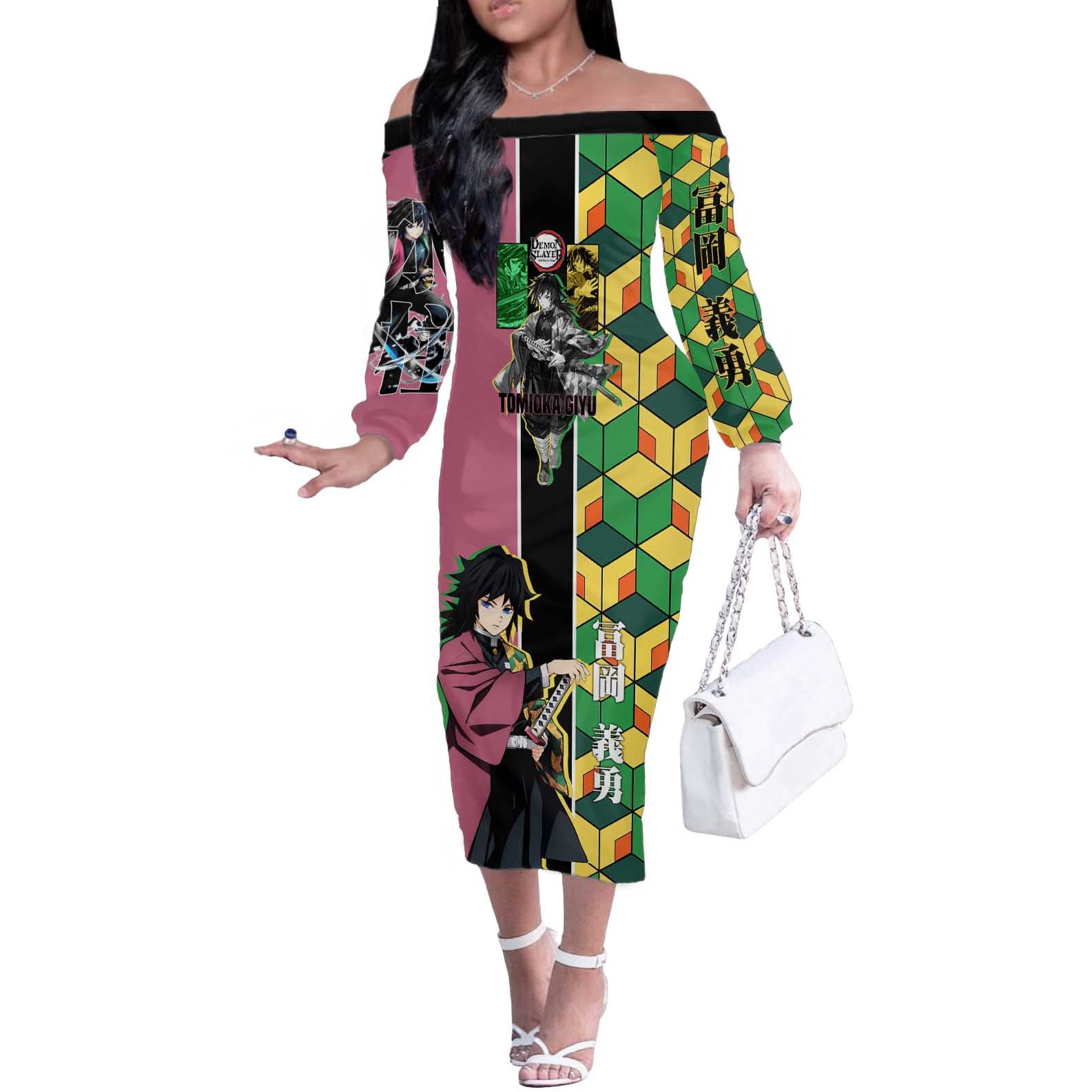 Giyu Tomioka from Demon Slayer Off The Shoulder Long Sleeve Dress with Geometric Pattern Sleeve and Pink and Black Manga Panel Design - The Mazicc