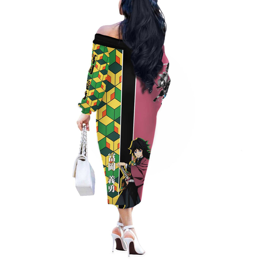 Giyu Tomioka from Demon Slayer Off The Shoulder Long Sleeve Dress with Geometric Pattern Sleeve and Pink and Black Manga Panel Design - The Mazicc