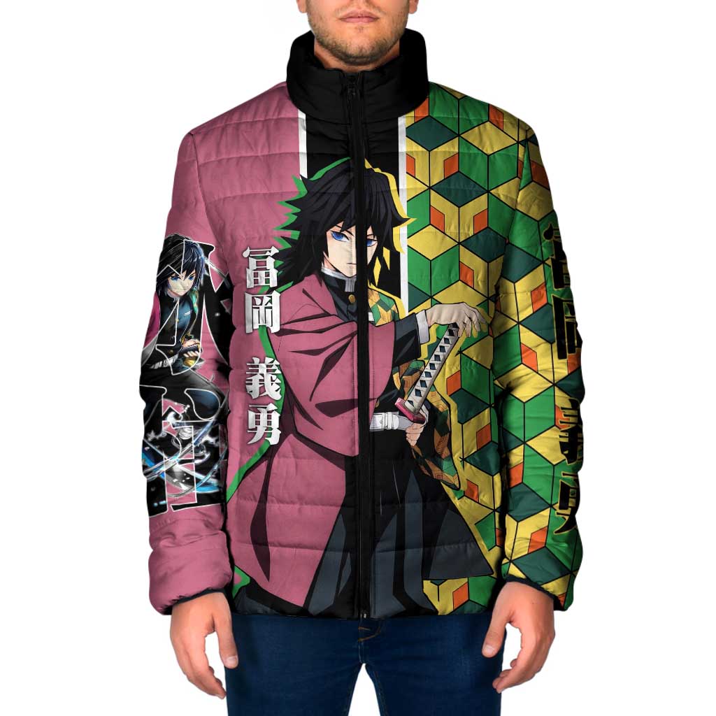 Giyu Tomioka from Demon Slayer Padded Jacket with Geometric Pattern Sleeve and Pink and Black Manga Panel Design - The Mazicc