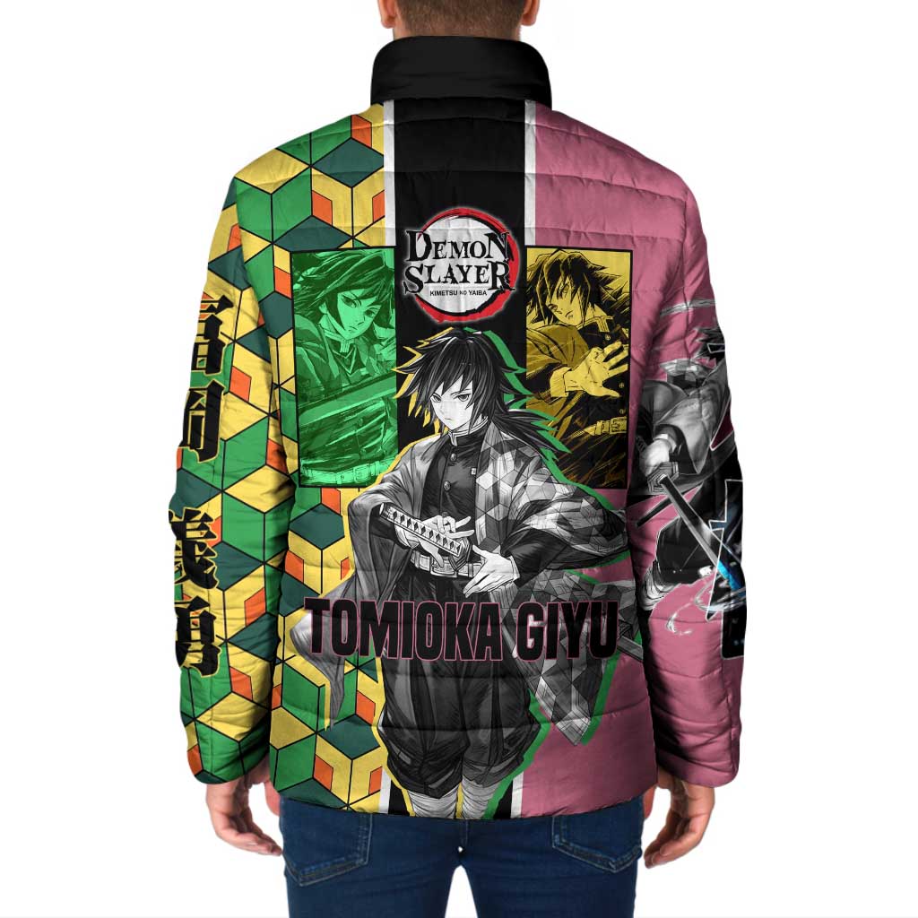 Giyu Tomioka from Demon Slayer Padded Jacket with Geometric Pattern Sleeve and Pink and Black Manga Panel Design - The Mazicc