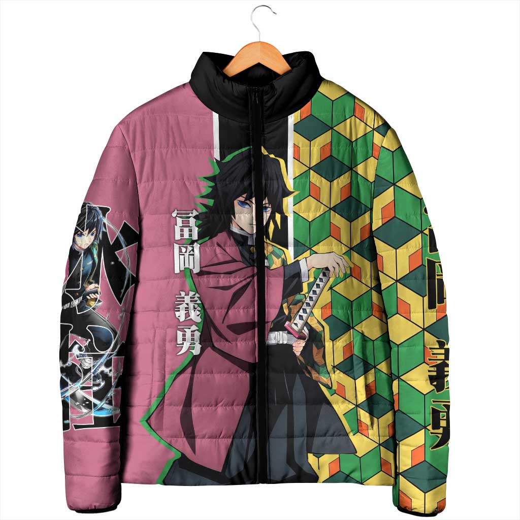 Giyu Tomioka from Demon Slayer Padded Jacket with Geometric Pattern Sleeve and Pink and Black Manga Panel Design - The Mazicc