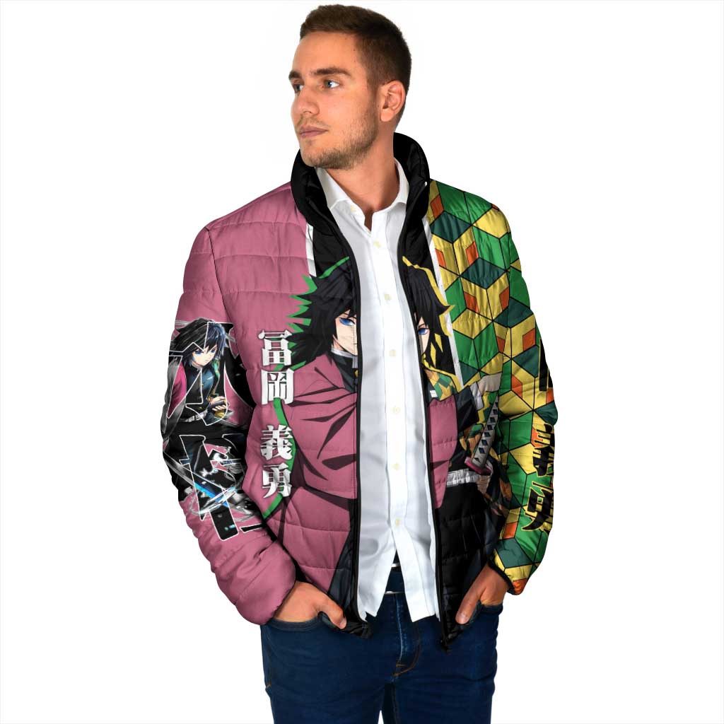 Giyu Tomioka from Demon Slayer Padded Jacket with Geometric Pattern Sleeve and Pink and Black Manga Panel Design - The Mazicc