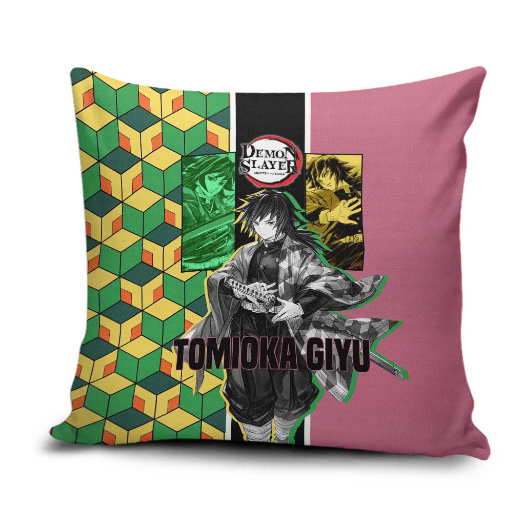 Giyu Tomioka from Demon Slayer Pillow Cover with Geometric Pattern Sleeve and Pink and Black Manga Panel Design - The Mazicc