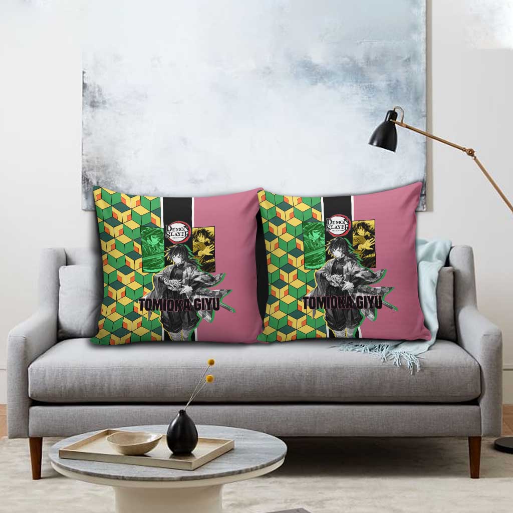Giyu Tomioka from Demon Slayer Pillow Cover with Geometric Pattern Sleeve and Pink and Black Manga Panel Design - The Mazicc