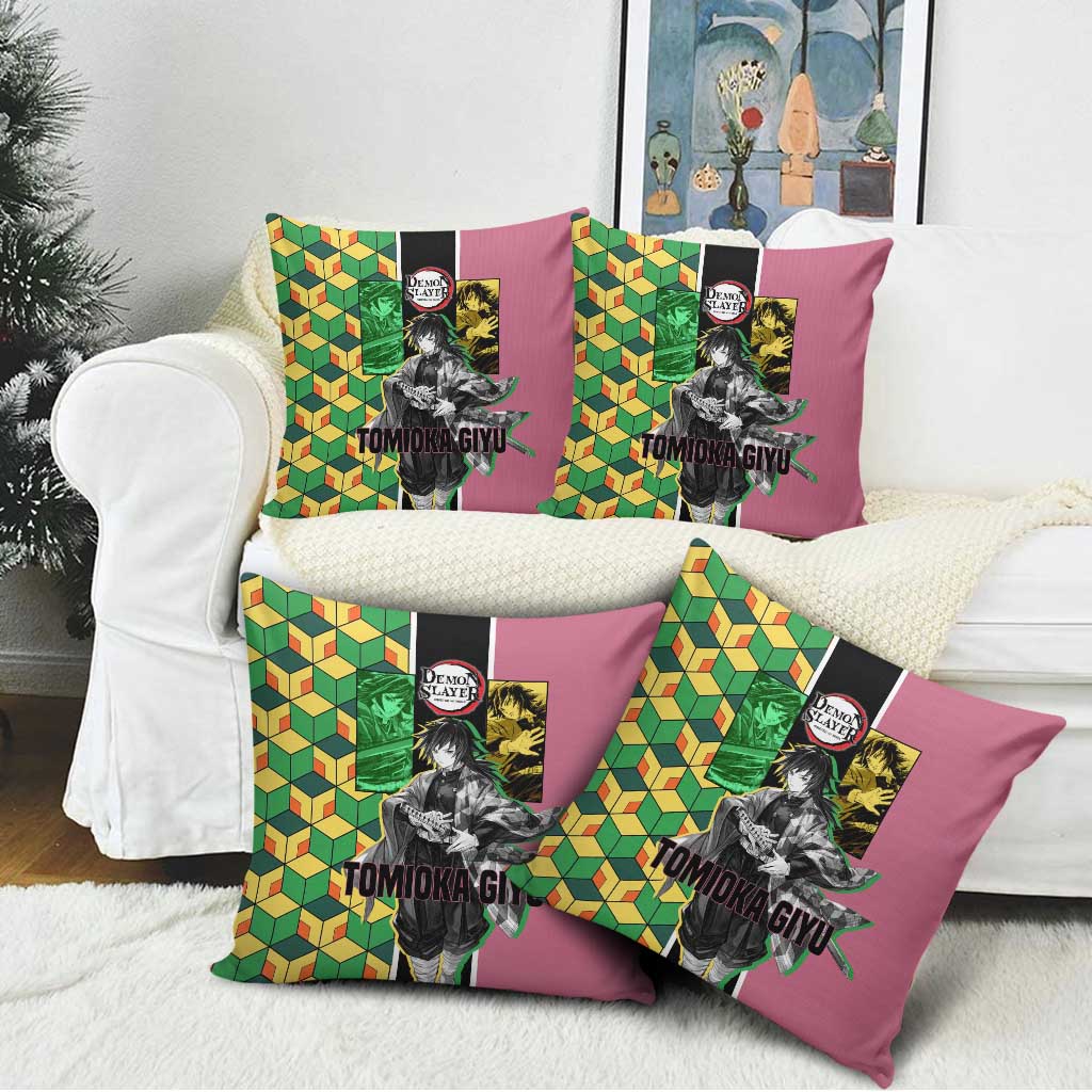 Giyu Tomioka from Demon Slayer Pillow Cover with Geometric Pattern Sleeve and Pink and Black Manga Panel Design - The Mazicc