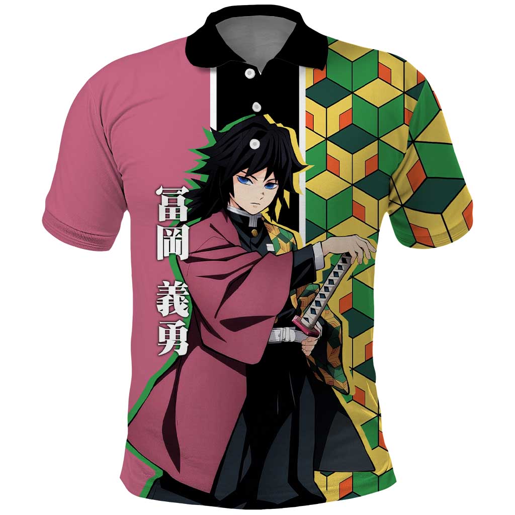 Giyu Tomioka from Demon Slayer Polo Shirt with Geometric Pattern Sleeve and Pink and Black Manga Panel Design - The Mazicc