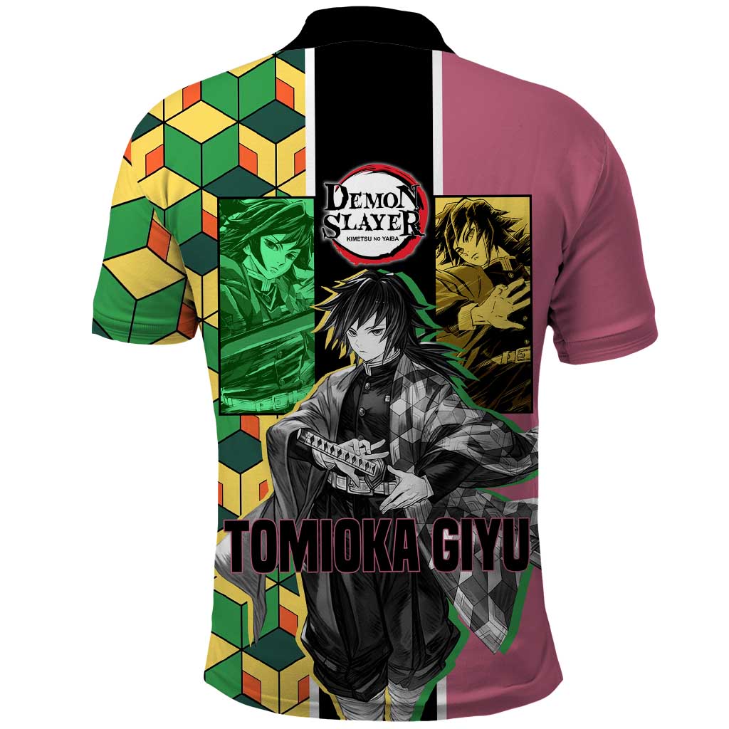 Giyu Tomioka from Demon Slayer Polo Shirt with Geometric Pattern Sleeve and Pink and Black Manga Panel Design - The Mazicc