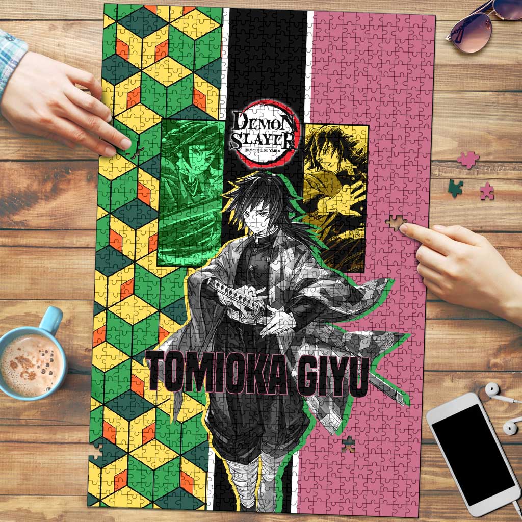 Giyu Tomioka from Demon Slayer Puzzle with Geometric Pattern Sleeve and Pink and Black Manga Panel Design - The Mazicc