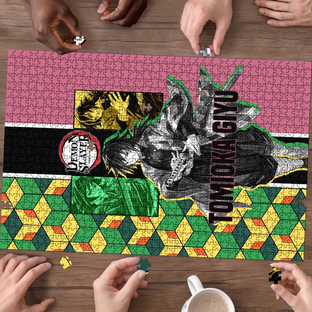 Giyu Tomioka from Demon Slayer Puzzle with Geometric Pattern Sleeve and Pink and Black Manga Panel Design - The Mazicc
