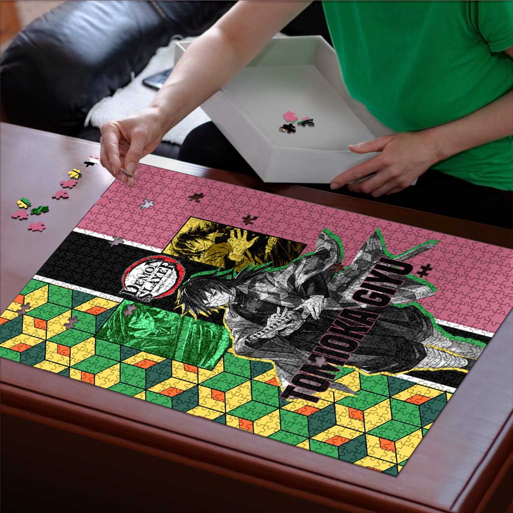 Giyu Tomioka from Demon Slayer Puzzle with Geometric Pattern Sleeve and Pink and Black Manga Panel Design - The Mazicc