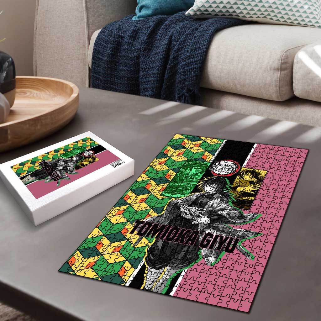Giyu Tomioka from Demon Slayer Puzzle with Geometric Pattern Sleeve and Pink and Black Manga Panel Design - The Mazicc