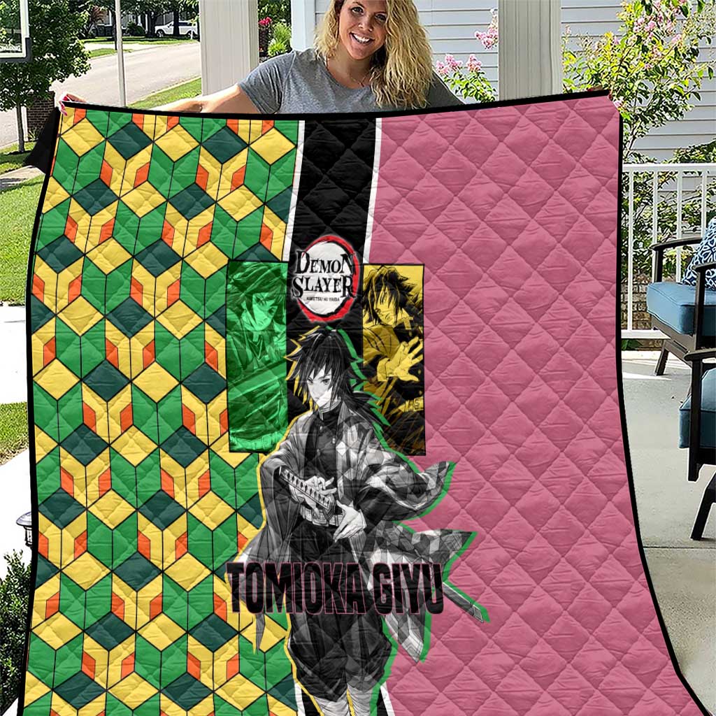 Giyu Tomioka from Demon Slayer Quilt with Geometric Pattern Sleeve and Pink and Black Manga Panel Design - The Mazicc