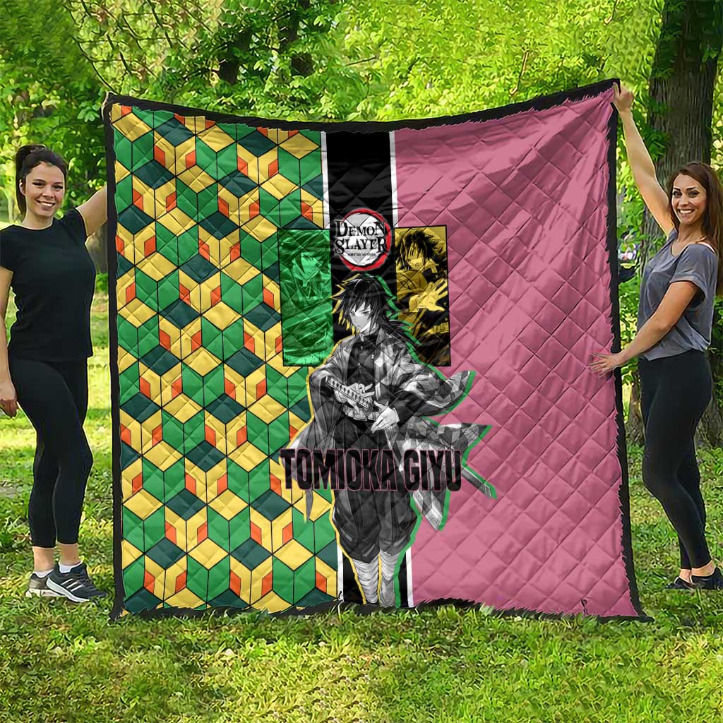 Giyu Tomioka from Demon Slayer Quilt with Geometric Pattern Sleeve and Pink and Black Manga Panel Design - The Mazicc