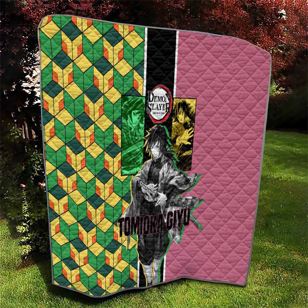 Giyu Tomioka from Demon Slayer Quilt with Geometric Pattern Sleeve and Pink and Black Manga Panel Design - The Mazicc