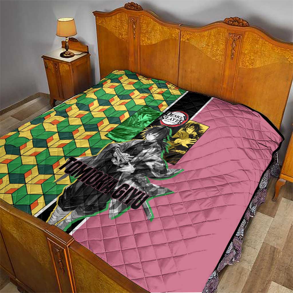 Giyu Tomioka from Demon Slayer Quilt with Geometric Pattern Sleeve and Pink and Black Manga Panel Design - The Mazicc