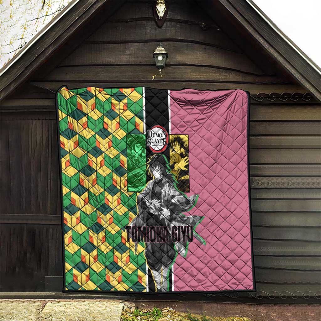 Giyu Tomioka from Demon Slayer Quilt with Geometric Pattern Sleeve and Pink and Black Manga Panel Design - The Mazicc