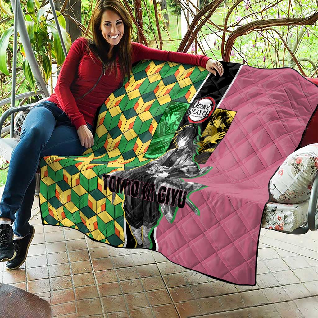 Giyu Tomioka from Demon Slayer Quilt with Geometric Pattern Sleeve and Pink and Black Manga Panel Design - The Mazicc