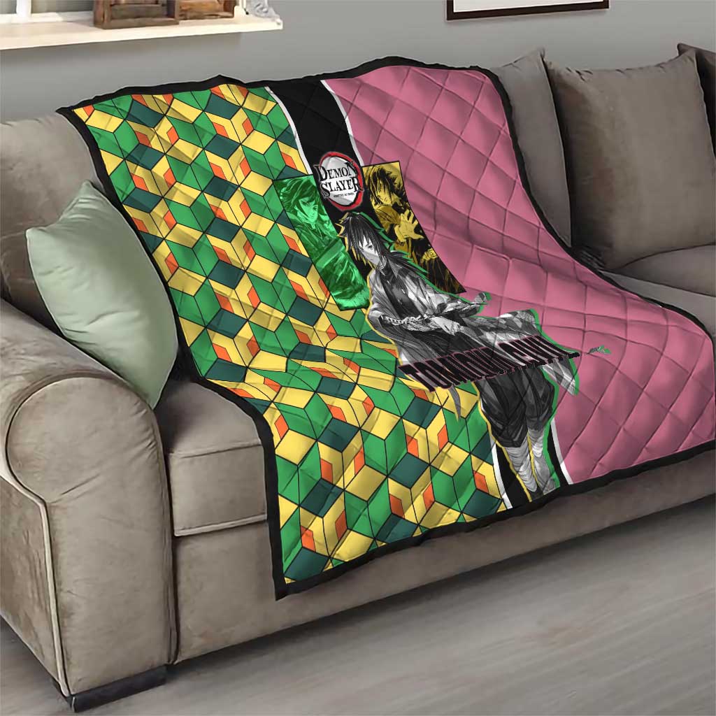 Giyu Tomioka from Demon Slayer Quilt with Geometric Pattern Sleeve and Pink and Black Manga Panel Design - The Mazicc