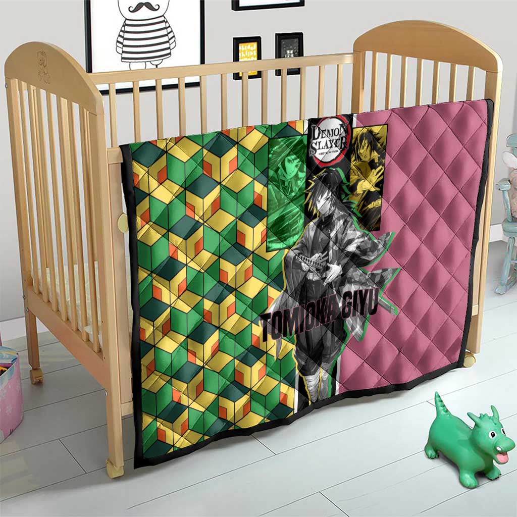 Giyu Tomioka from Demon Slayer Quilt with Geometric Pattern Sleeve and Pink and Black Manga Panel Design - The Mazicc