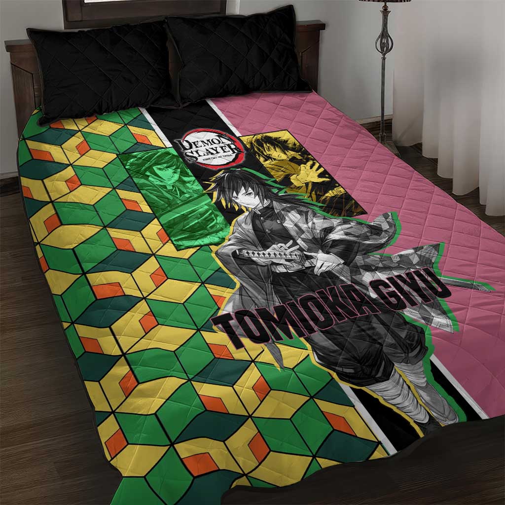 Giyu Tomioka from Demon Slayer Quilt Bed Set with Geometric Pattern Sleeve and Pink and Black Manga Panel Design - The Mazicc