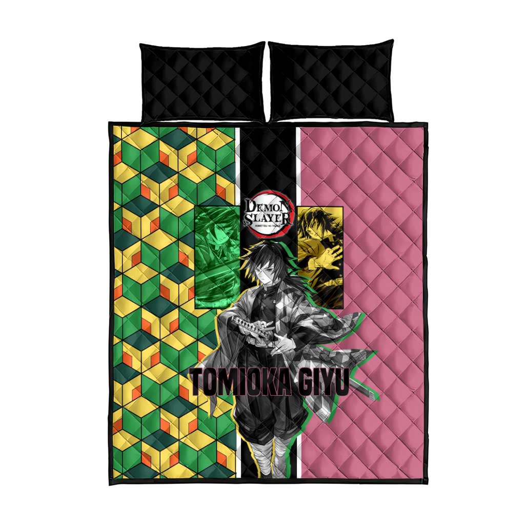 Giyu Tomioka from Demon Slayer Quilt Bed Set with Geometric Pattern Sleeve and Pink and Black Manga Panel Design - The Mazicc