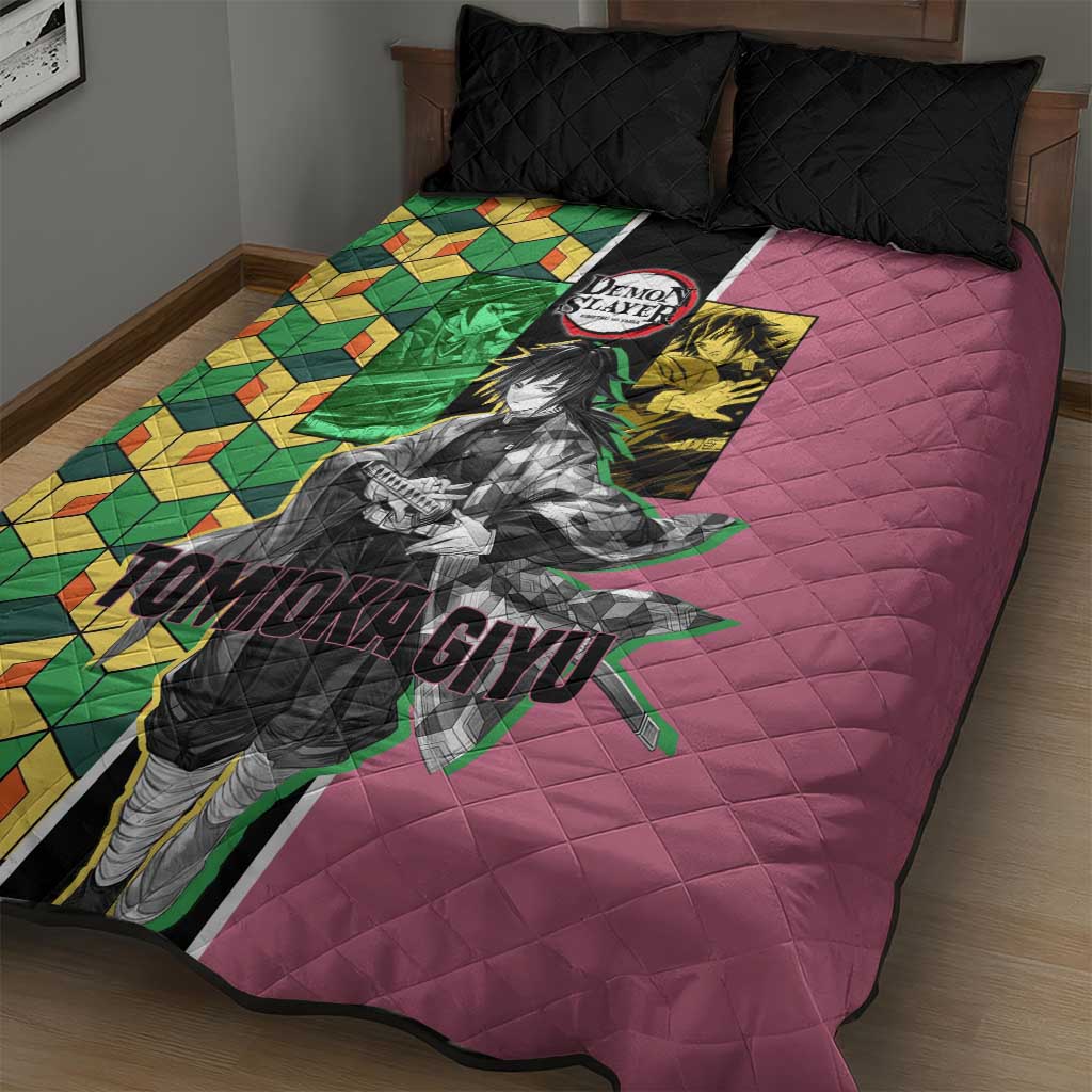 Giyu Tomioka from Demon Slayer Quilt Bed Set with Geometric Pattern Sleeve and Pink and Black Manga Panel Design - The Mazicc