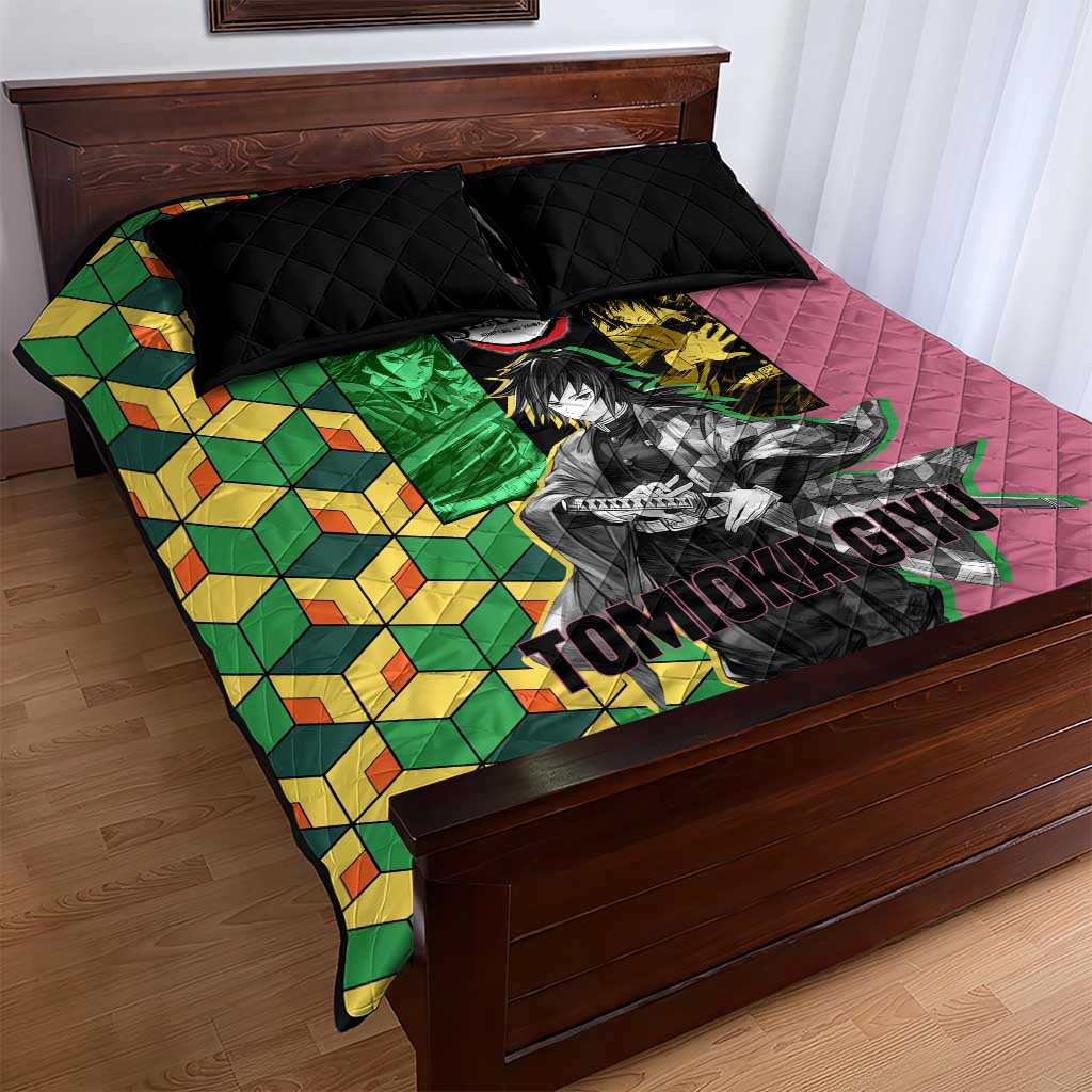 Giyu Tomioka from Demon Slayer Quilt Bed Set with Geometric Pattern Sleeve and Pink and Black Manga Panel Design - The Mazicc