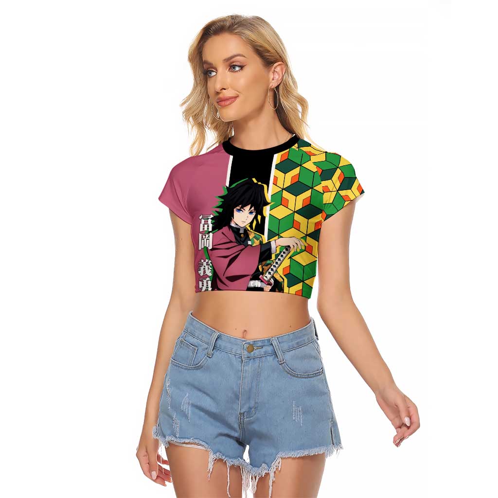Giyu Tomioka from Demon Slayer Raglan Cropped T Shirt with Geometric Pattern Sleeve and Pink and Black Manga Panel Design - The Mazicc