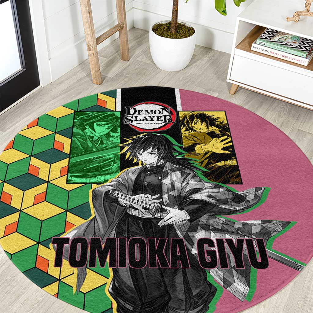 Giyu Tomioka from Demon Slayer Round Carpet with Geometric Pattern Sleeve and Pink and Black Manga Panel Design - The Mazicc