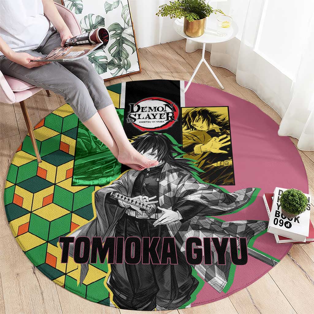 Giyu Tomioka from Demon Slayer Round Carpet with Geometric Pattern Sleeve and Pink and Black Manga Panel Design - The Mazicc