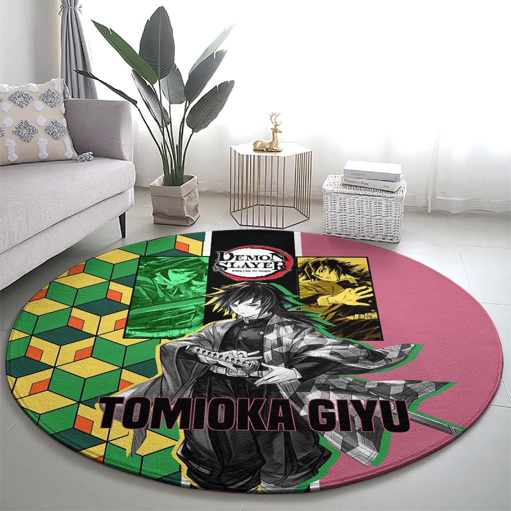 Giyu Tomioka from Demon Slayer Round Carpet with Geometric Pattern Sleeve and Pink and Black Manga Panel Design - The Mazicc