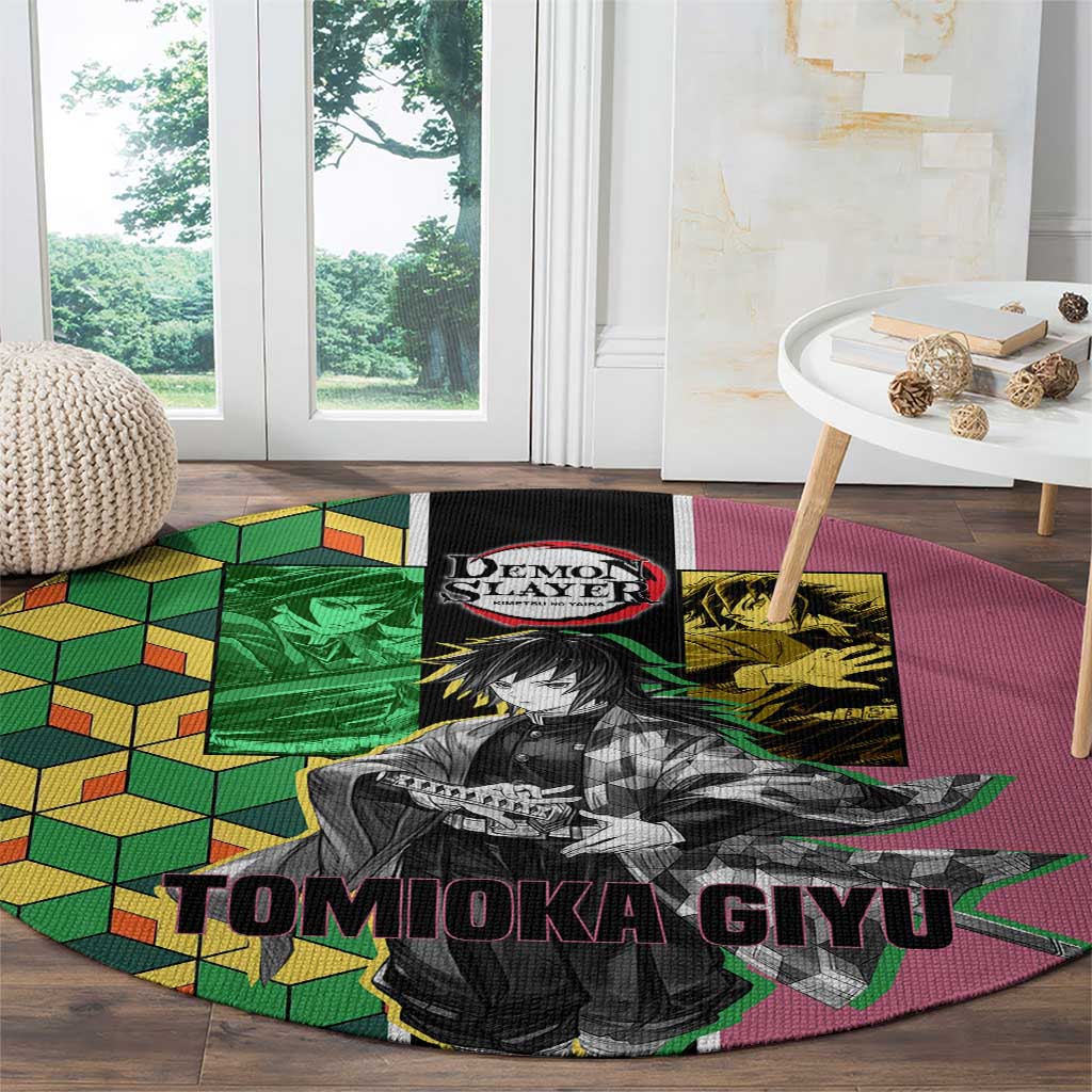 Giyu Tomioka from Demon Slayer Round Carpet with Geometric Pattern Sleeve and Pink and Black Manga Panel Design - The Mazicc