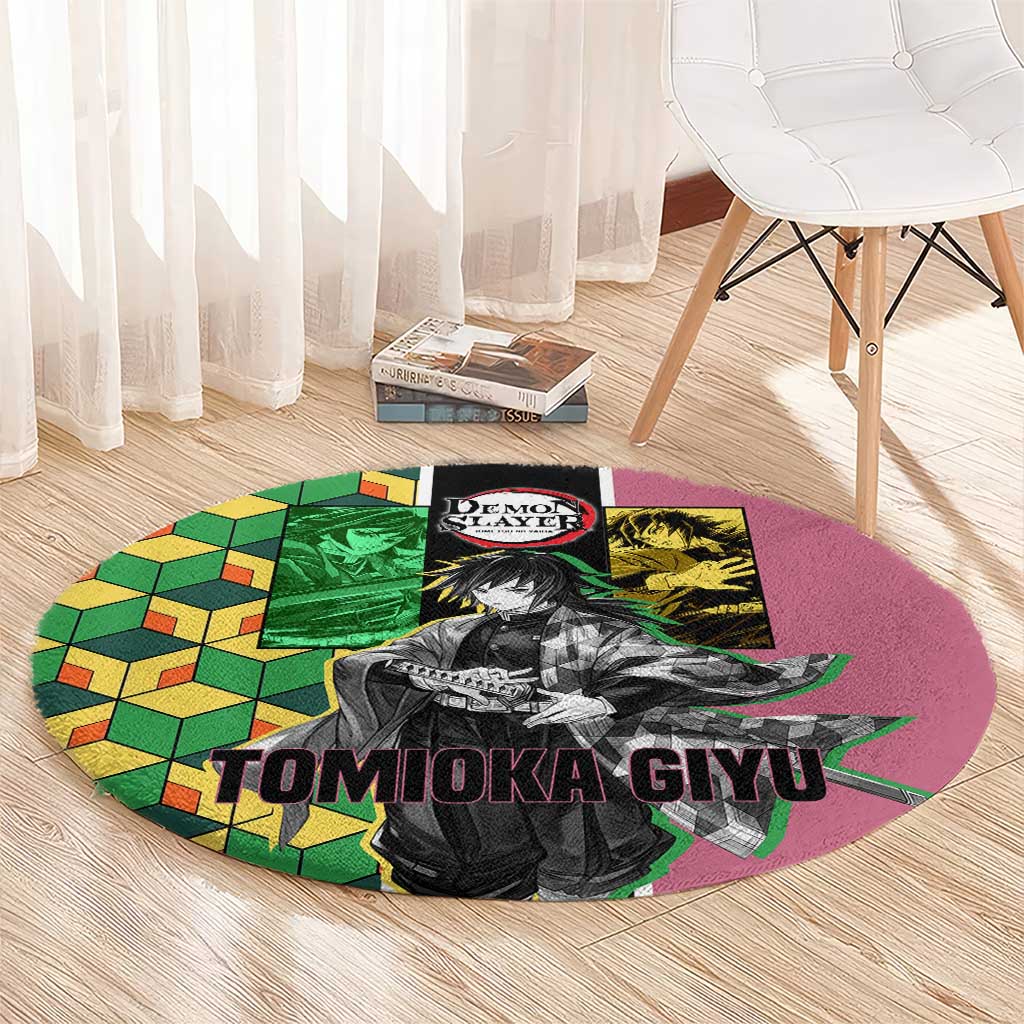 Giyu Tomioka from Demon Slayer Round Carpet with Geometric Pattern Sleeve and Pink and Black Manga Panel Design - The Mazicc