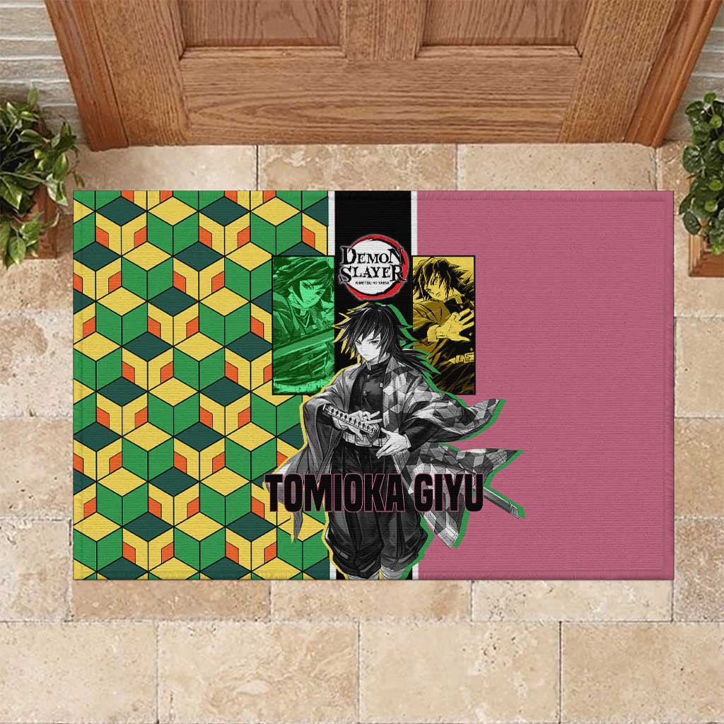 Giyu Tomioka from Demon Slayer Rubber Doormat with Geometric Pattern Sleeve and Pink and Black Manga Panel Design - The Mazicc