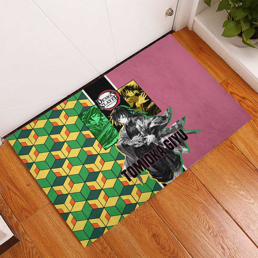 Giyu Tomioka from Demon Slayer Rubber Doormat with Geometric Pattern Sleeve and Pink and Black Manga Panel Design - The Mazicc