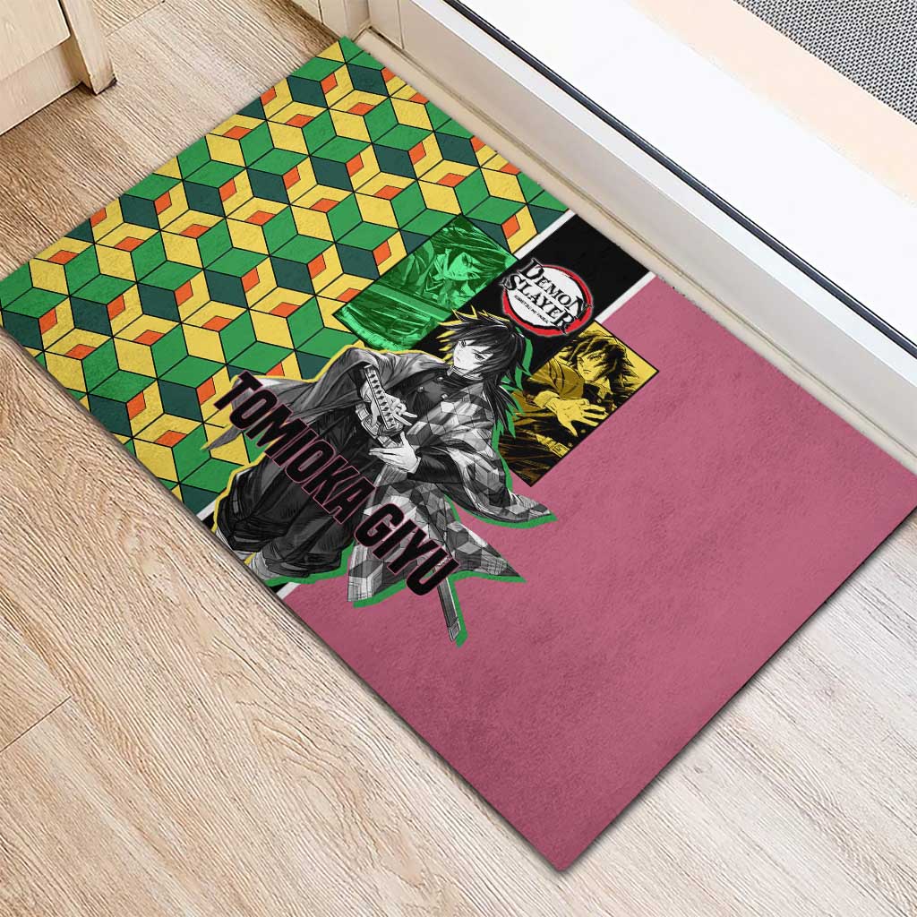 Giyu Tomioka from Demon Slayer Rubber Doormat with Geometric Pattern Sleeve and Pink and Black Manga Panel Design - The Mazicc